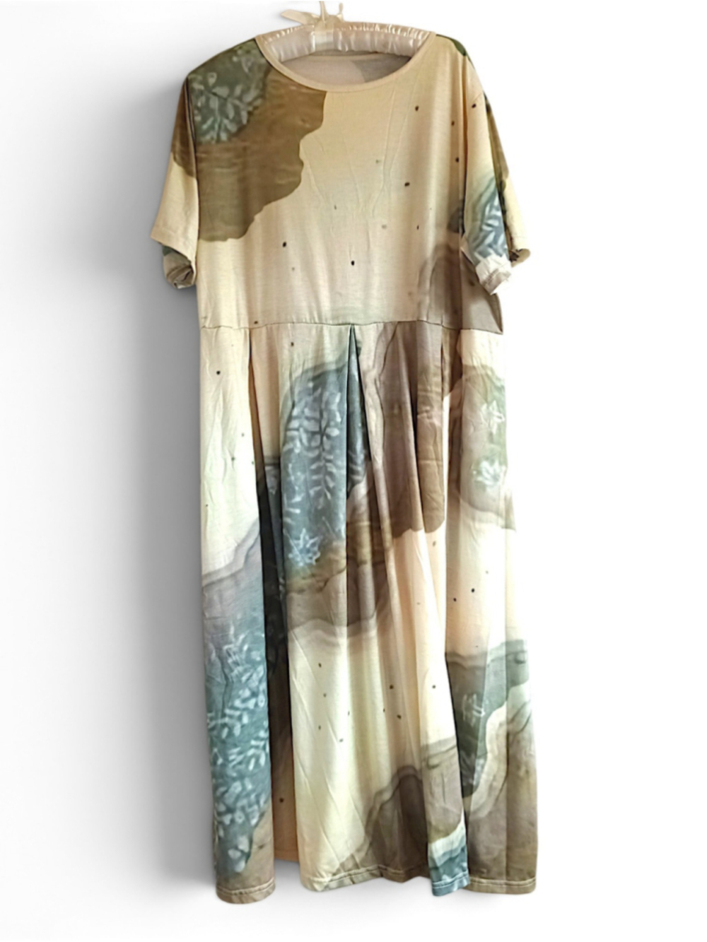 Botanical Tshirt Midi Dress, Size 2X, Beige Green Abstract Landscape Earthy Boho